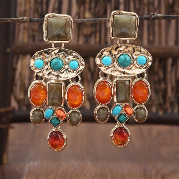 Multicolor boho Women's Exaggerated faux Turquoise Resin dangly Earrings - Picture 1 of 3